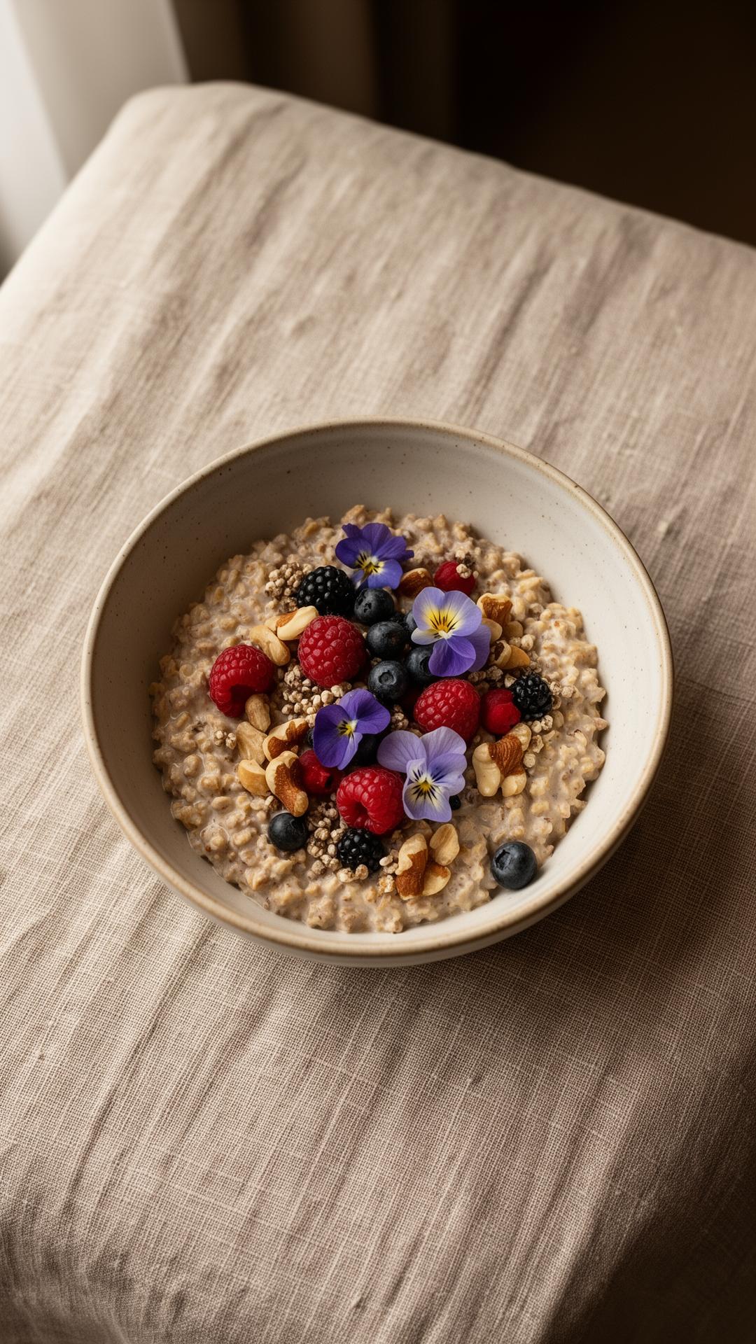 Ceramic bowl of bircher muesli with berries and edible flowers