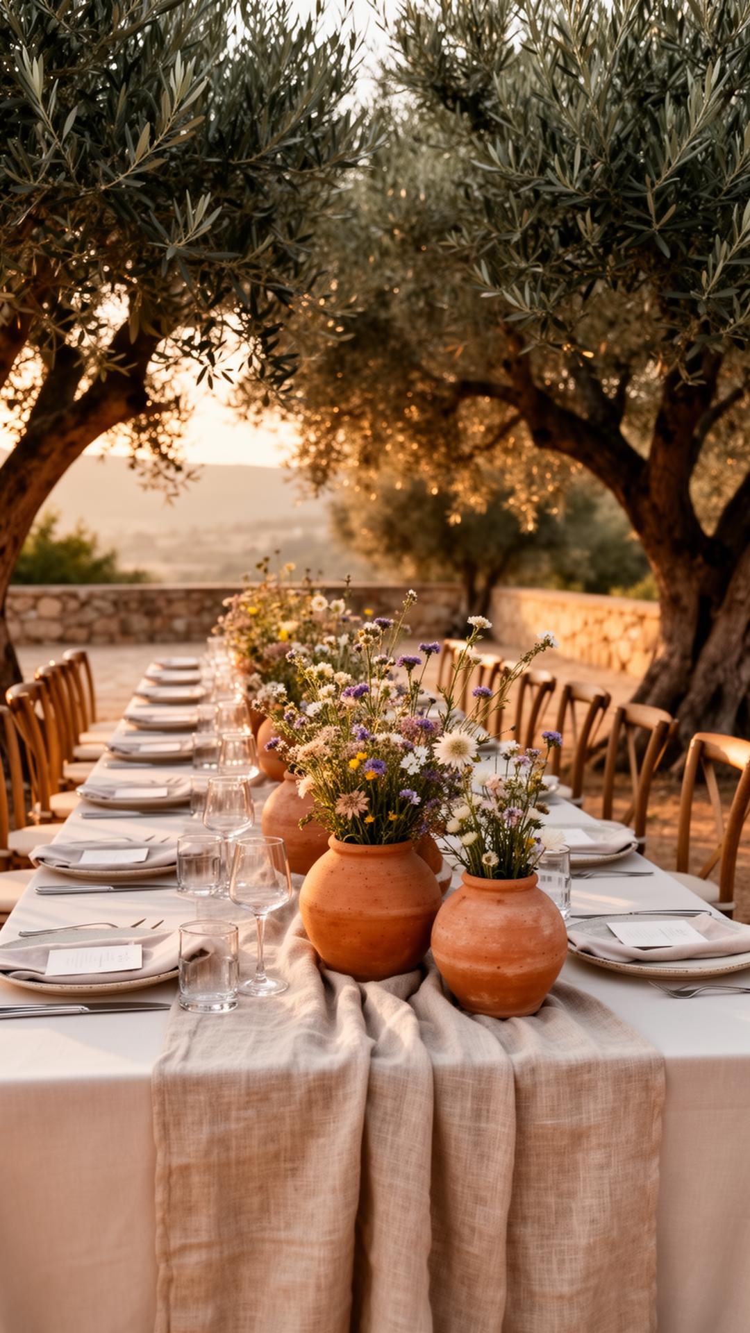 Long banquet table set under olive trees at golden hour