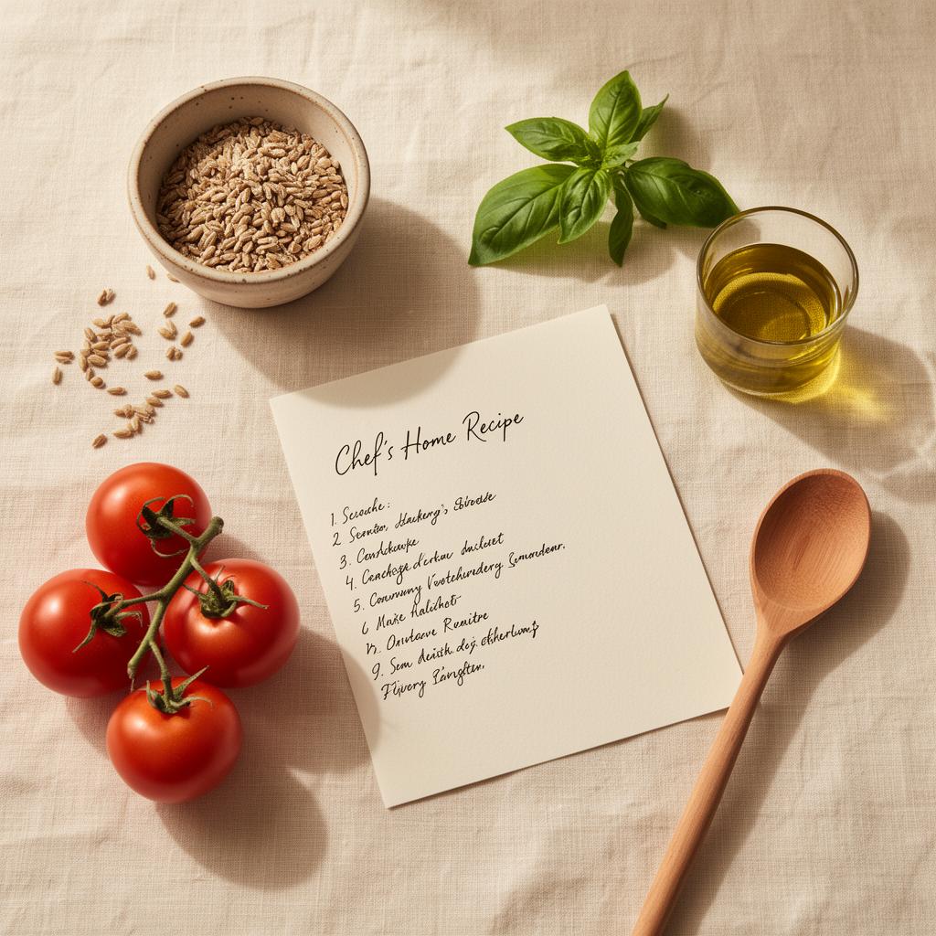 Handwritten chef's home recipe card with heirloom tomatoes, basil, grains and olive oil on linen
